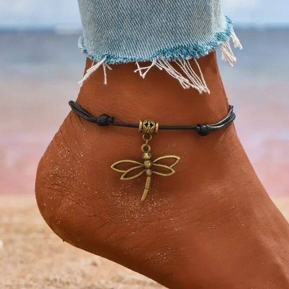 New Dragonfly Charm Anklet Faux Leather Ankle Bracelet Women's Jewelry Summer - Picture 1 of 8